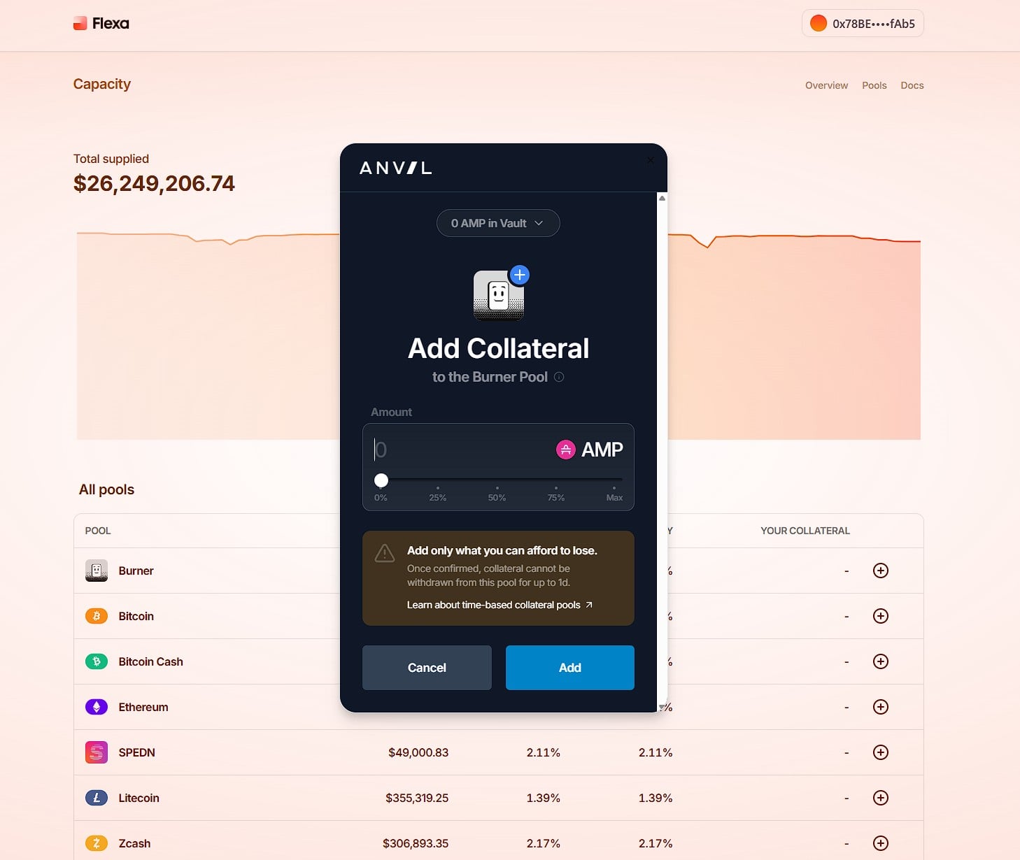 Anvil Add Collateral modal for Burner Pool showing empty amount field and percentage slider