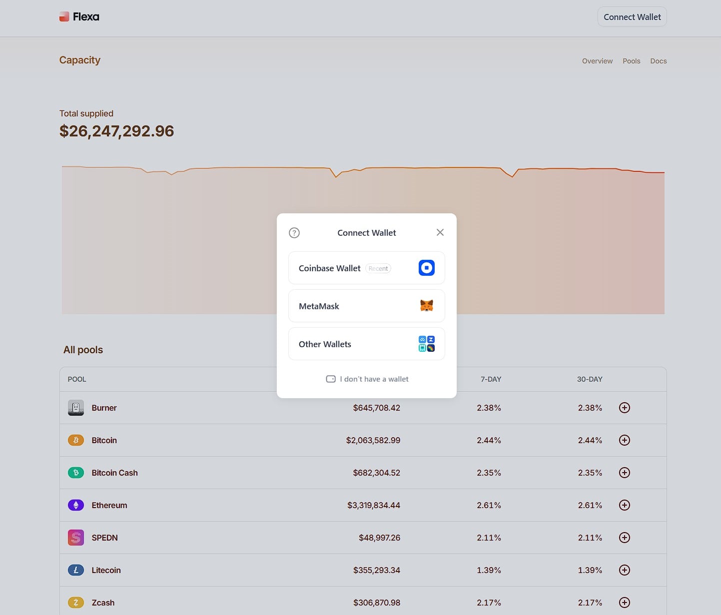 Flexa Capacity Connect Wallet modal showing Coinbase Wallet, MetaMask, and Other Wallets options