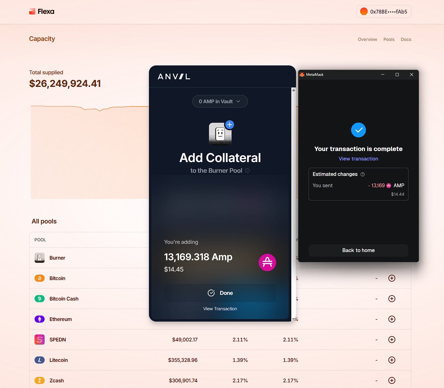 MetaMask showing transaction complete with 13,169 AMP sent to Burner Pool