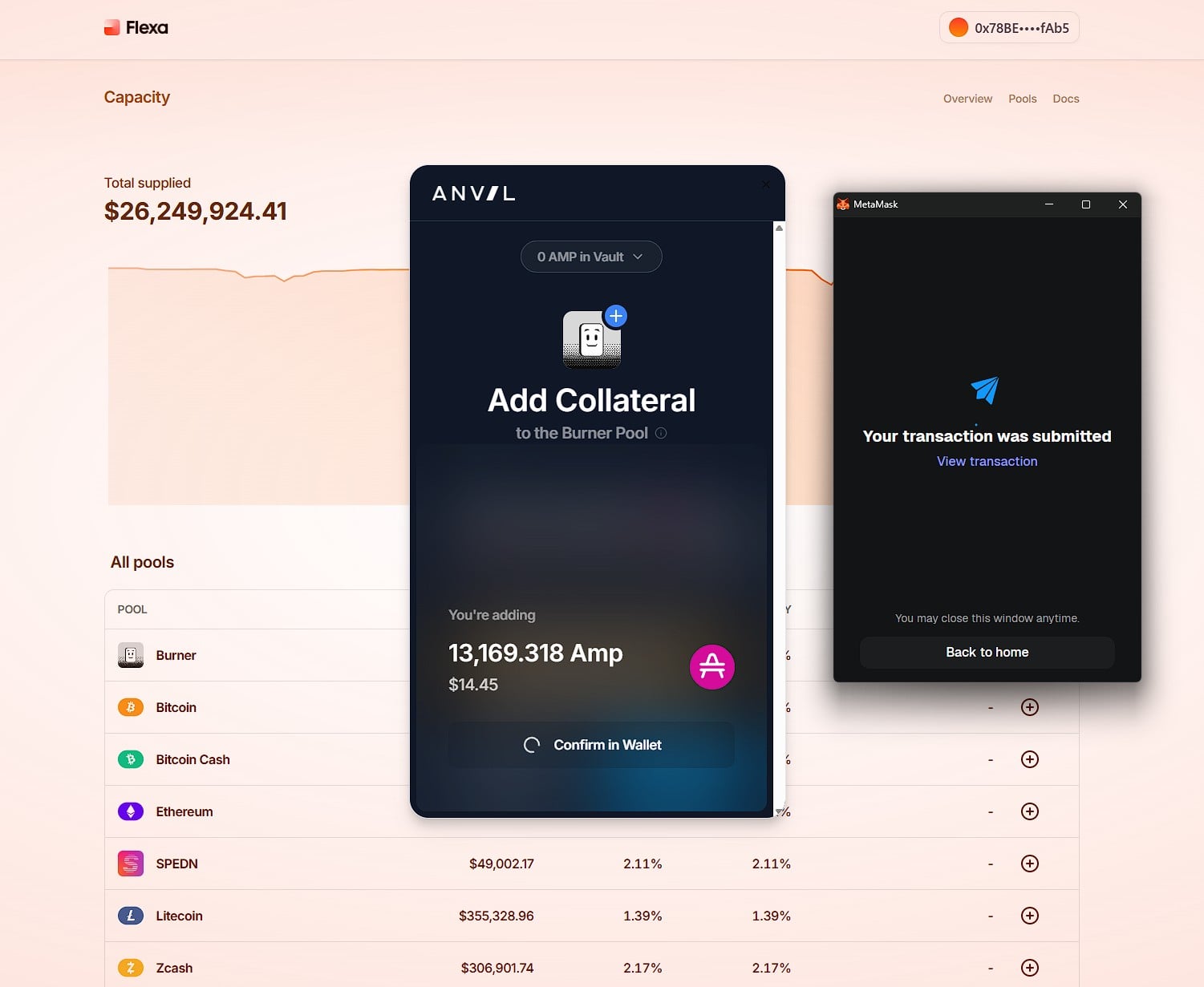 MetaMask showing Your transaction was submitted with View transaction link